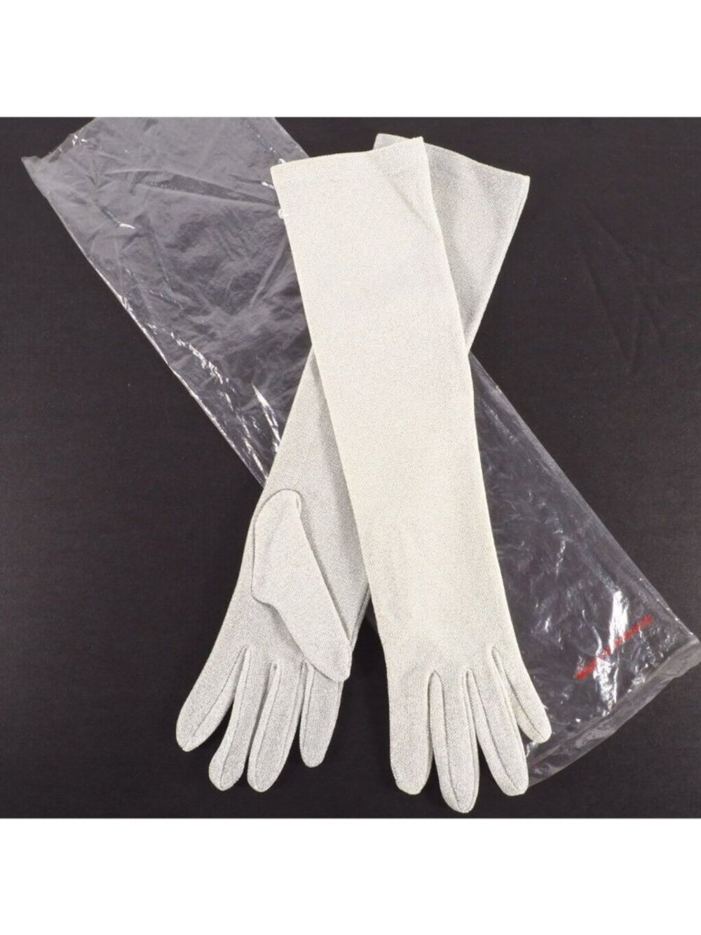 Vintage Womens Opera Gloves Size M Metalic Silver NOS 15 Inch Long Hello 80s
